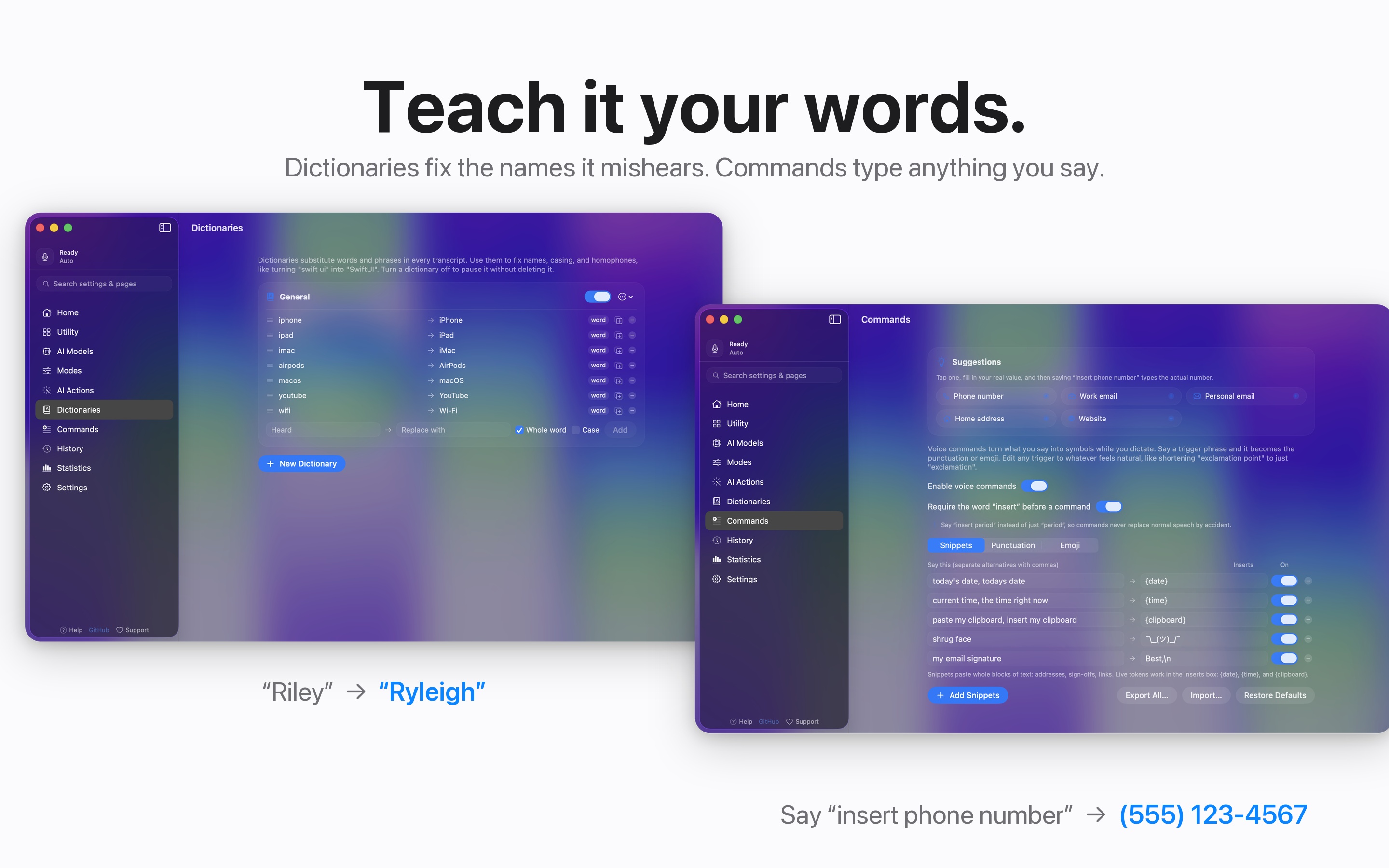 YapToText dictionaries and commands settings